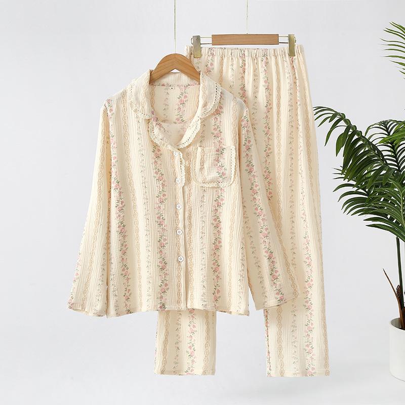 Frühlings- und Herbst-Pyjama für Damen, langärmlig, lange Hose, 2-teiliges Set aus 100 % Baumwolle, Damen-Krepp-Heimtextilien-Set L