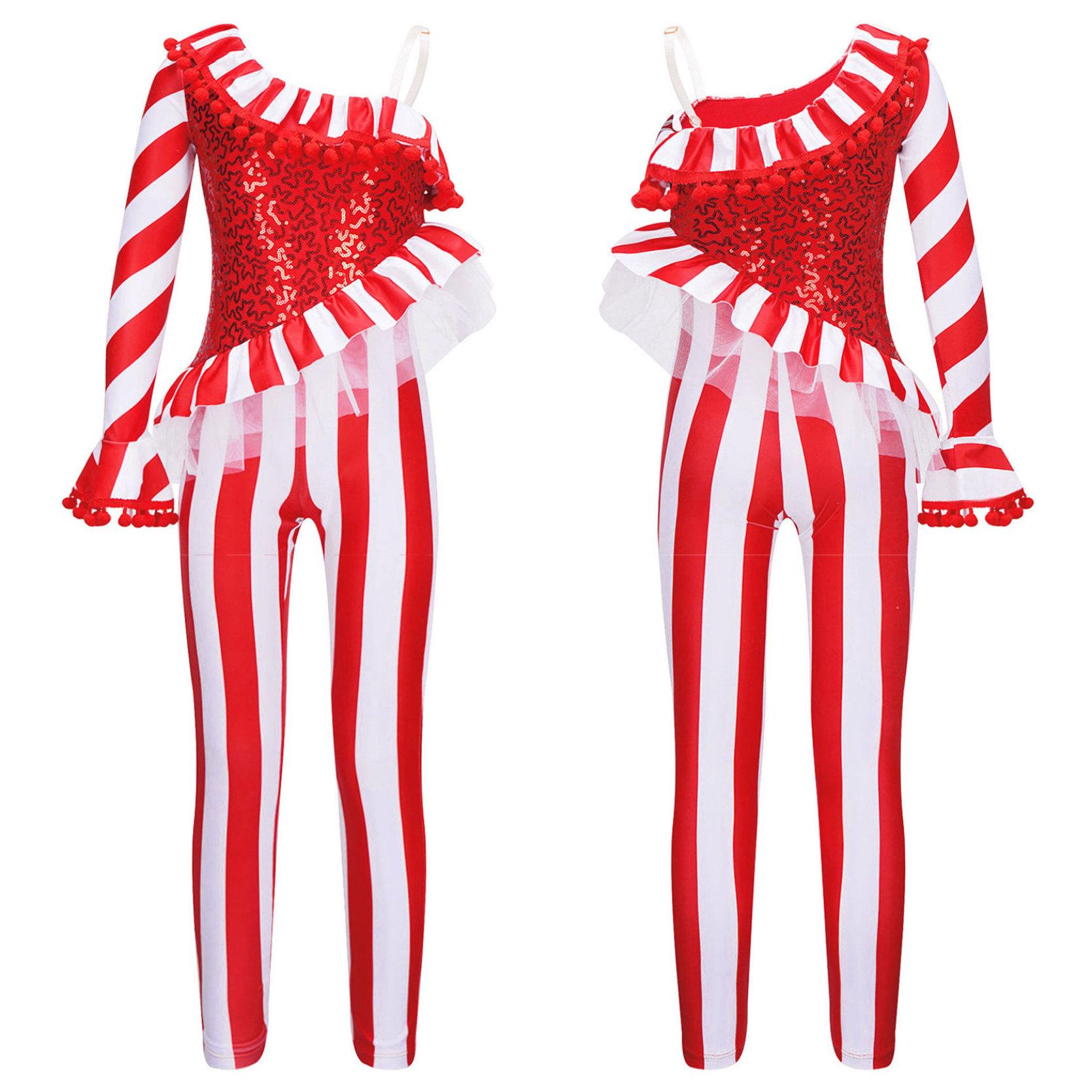Kinder Mädchen Candy Cane Weihnachten Tanz Body Overall Unitard One Shoulder Weihnachten Urlaub Santa Sweetie Kostüm Dancewear 13-14 Years rot