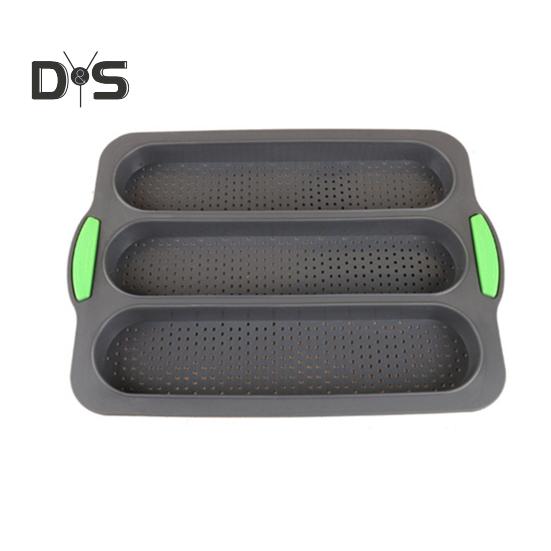 Silikon-Brotform, antihaftbeschichtet, lebensmittelecht, Baguette-Kastenform, Kuchenbackblech mit Abflusslöchern für Zuhause, Küche, Bäckerei, Burger, Brötchen, Sandwiches, Kekse grau