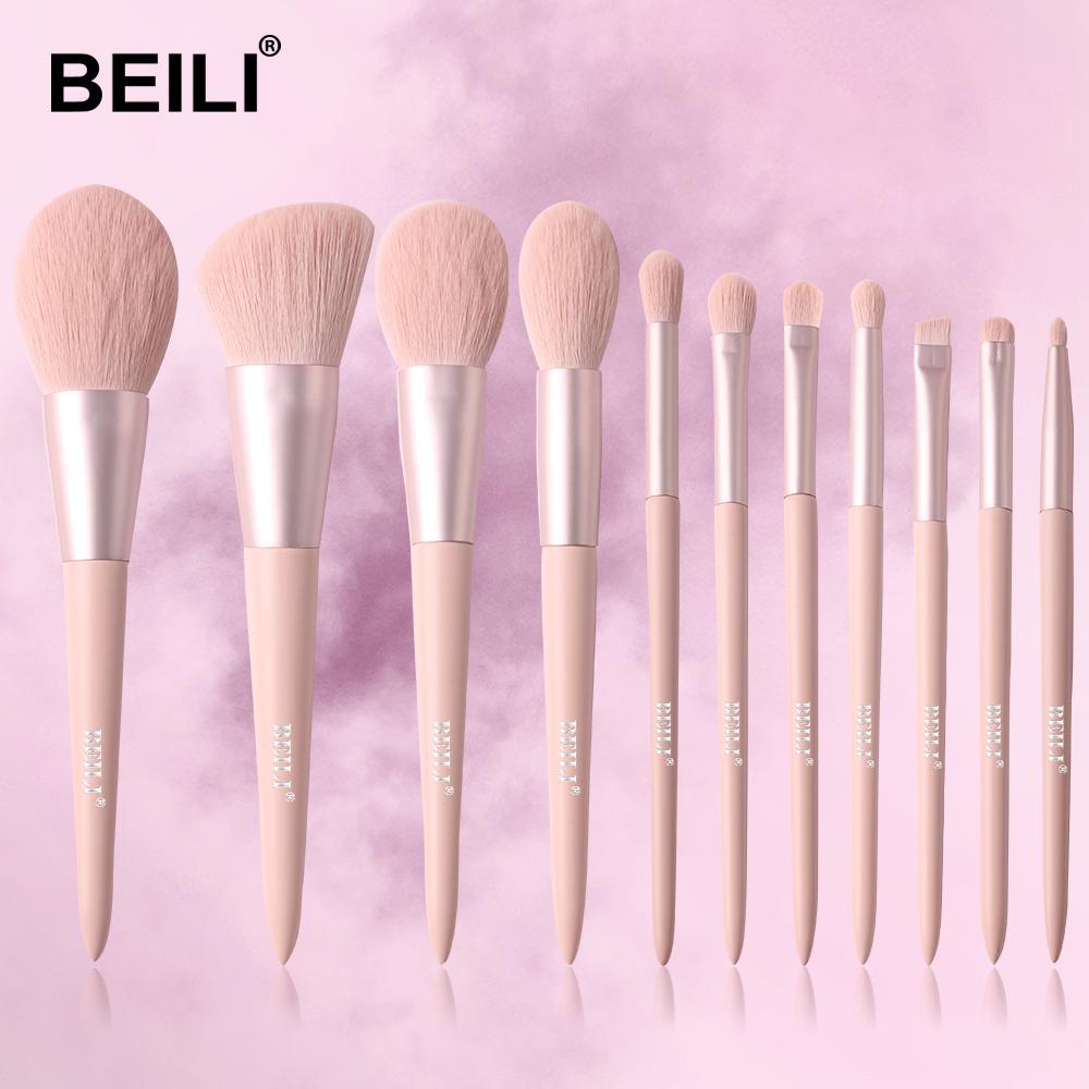 BEILI 11-teiliges rosa Make-up-Pinsel-Set für Augenbrauen, Wimpern, Puder, synthetische Foundation-Pinsel, Make-up, Kosmetik, Schönheit, Make-up-Pinsel-Set mit Tasche