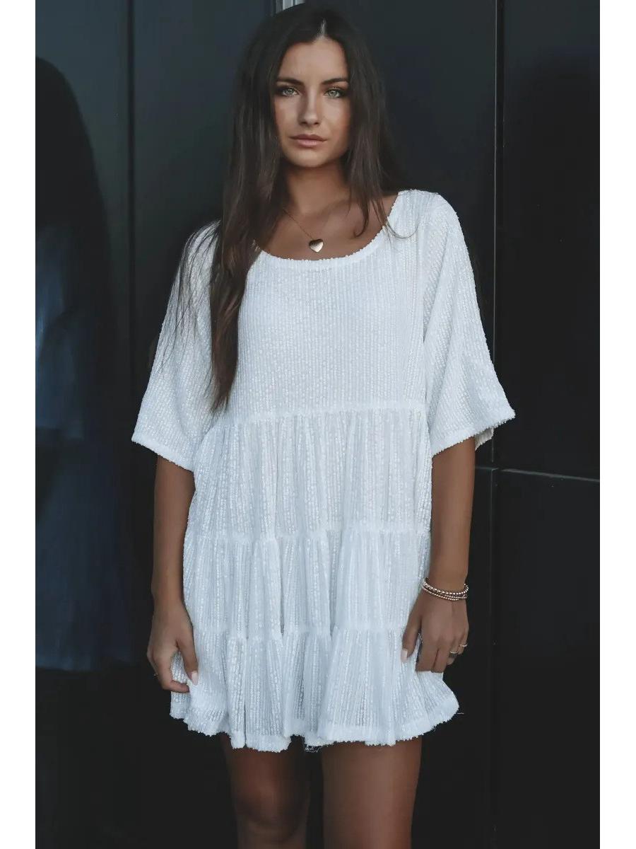 2025 Einfarbig Pailletten Rundhals Locker in der Taille Kurzarm Abendkleid Medium grauweiß