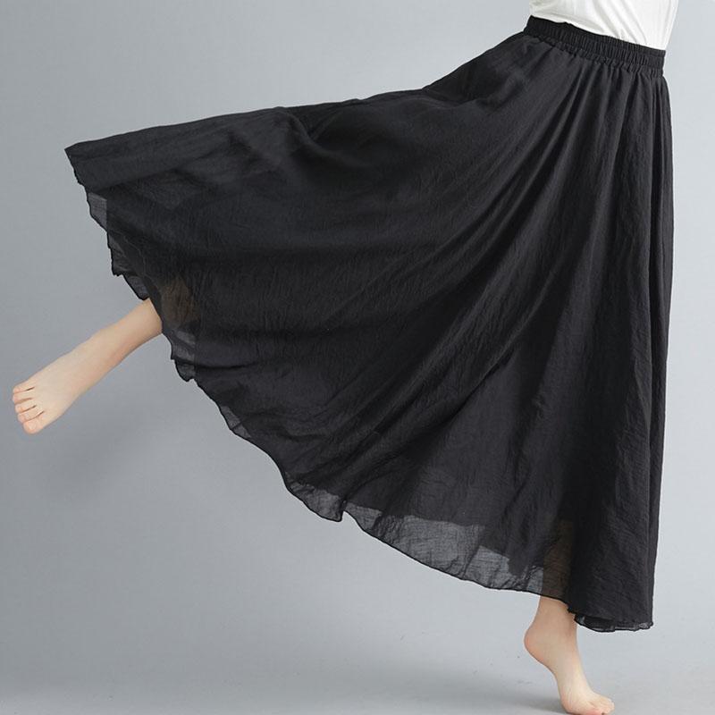 Sommer Herbst Damen Rock Literarisch Große Baumwolle Leinen Halbrock Elastische Taille Leinen A-Linie Rock Langer Abschnitt Reine Farbe Wind Swing Rock L schwarz