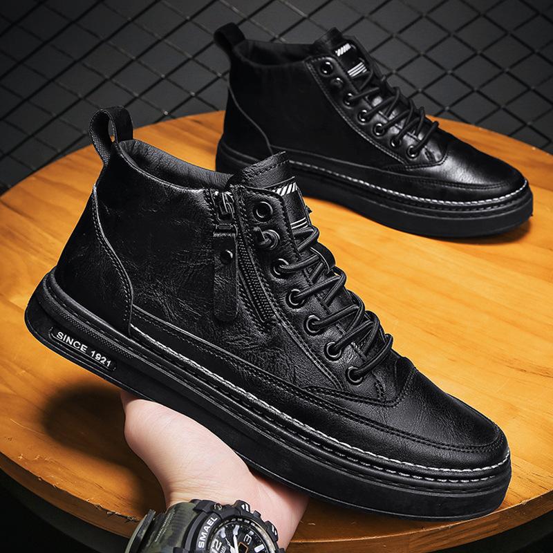 Bestellen Sie eine Nummer größer Herrenschuhe Winter Neue High-Top Militärstiefel Fleecegefüttert Gepolsterte Warmhaltende Freizeitschuhe Vielseitige Arbeitsschuhe Wasserdichte Lederschuhe 39 coole schwarze
