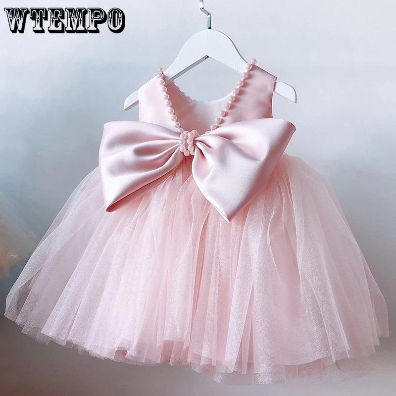 Süße Baby Kleid Sommer 1-5Y Kleinkind Bogen Kleidung Baby Mädchen Geburtstag Taufe Party Kleider Backless Perlen Hochzeit Prom Vestidos 130 rosa