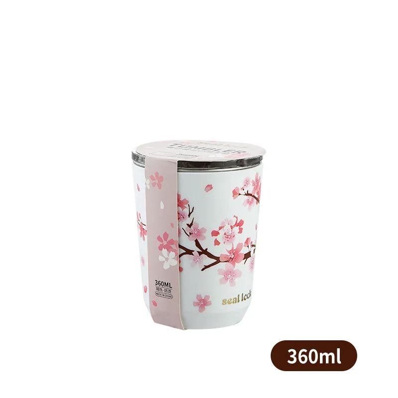 Edelstahl Kirschblüten Thermobecher mit Deckel Vakuumflaschen Versiegelt Doppelwandig Auslaufsicher Wasserbecher Kaffeetassen Trinken 360-560ml white