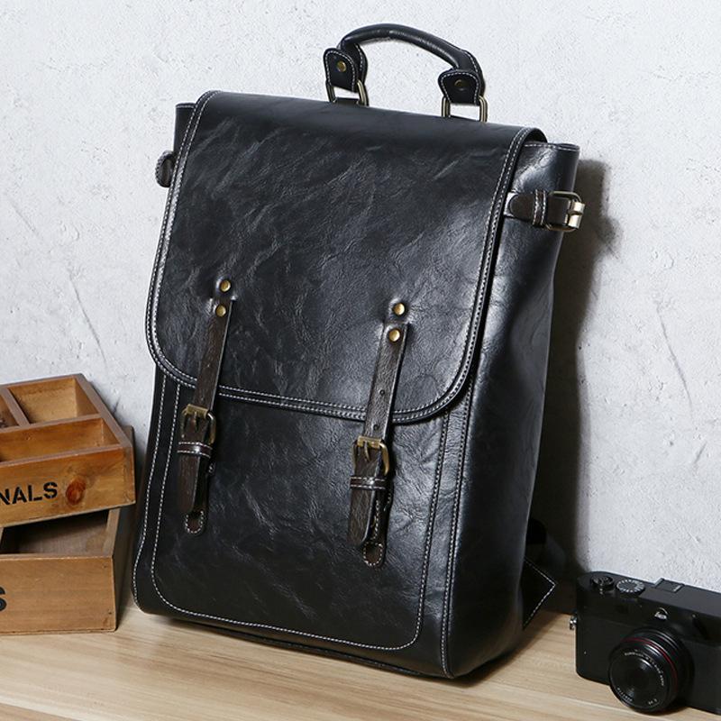 Reißverschluss Leder Rucksack Retro Leder Rucksack Computer Große Kapazität Reise Tasche Hohe Qualität Rucksack schwarz