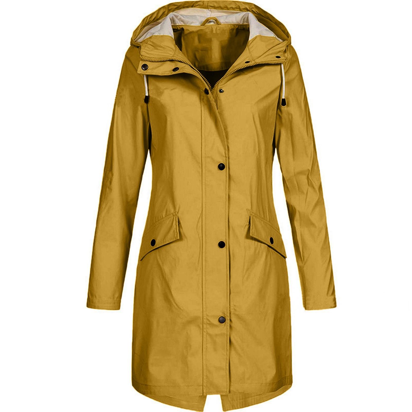 Damen Solid Rain Outdoor Plus Size Kapuzen-Regenmantel, winddicht, langer Jackenmantel L gelb