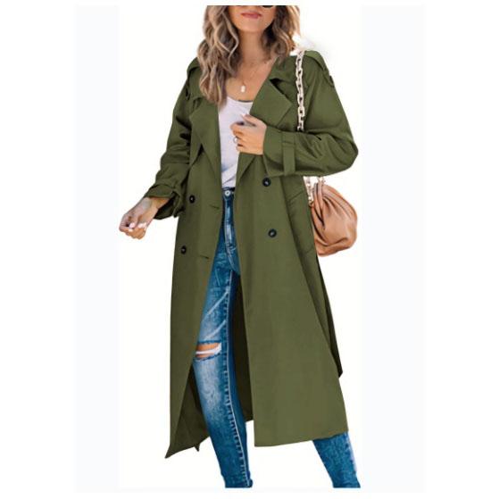 Damen Vintage Langer Trenchcoat Klassischer Zweireihiger Revers Langarm Winddichter Mantel mit Gürtel Elegante Jacken Streetwear L dunkelgrüne