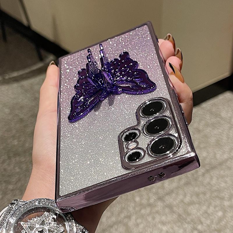 Luxus Plattierung Farbverlauf 3D Schmetterling Halter Ständer Handyhülle Für Sunsamg Galaxy S24 S23 S22 S21 Ultra Plus Stoßfeste Handyhülle For Galaxy S24Plus