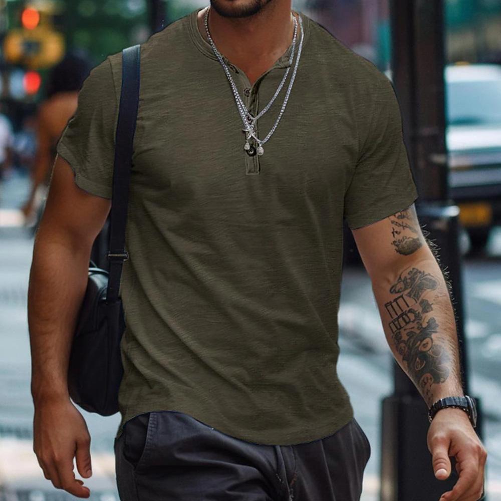 Henry Shirt Sommer Herren Casual Einfarbig Kurzarm T-Shirt für Männer Polo Herren Baumwolle Herren T-Shirts US L(70-80KG) dunkelgrüne