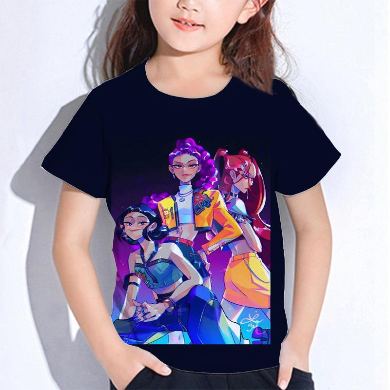 Sommer Huntrix Girl Kpop T-Shirts Kinder Dämonenjäger T-Shirt Zoey Rumi Mira Jungen Mädchen Kurzarm Tops Locker O-Ausschnitt Kinderkleidung 160 gelb