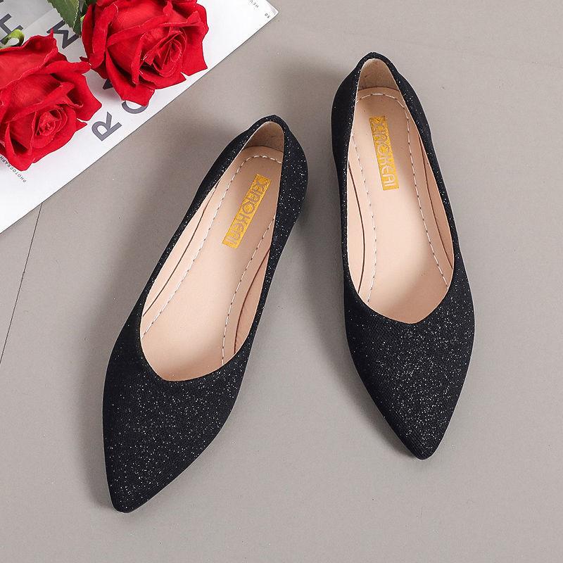 Einzelschuh Damen Spitz Flache Schuhe Lady Style Vielseitige Arbeitsschuhe Mode Glänzend Mode Frühling Freizeitschuhe Faule Schuhe 40 schwarz