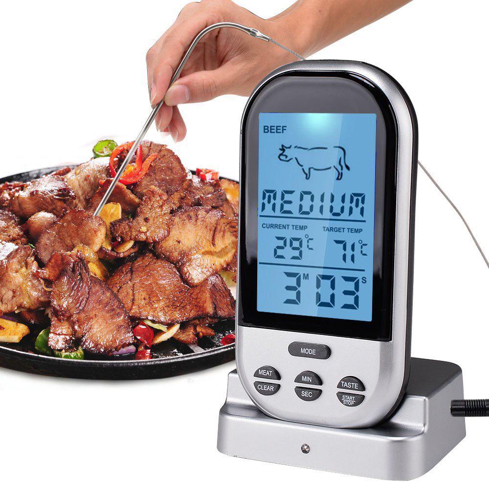 Digitales Fleischthermometer, kabelloses Lebensmittel-Fernthermometer für Fleisch, Fisch, Timer, wasserdichter Räucherofen grau