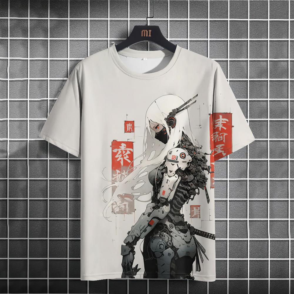 Japanisches T-Shirt für Herren mit mechanischer Charaktergrafik, kurzärmliges Druck-T-Shirt für den Außenbereich, übergroße Herrenbekleidung XL