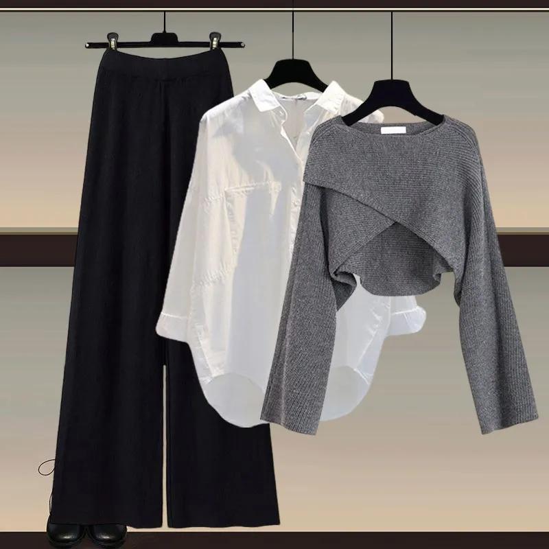 Herbst und Winter Damen Strickpullover Dreiteilige Hose Lockere Bluse Hemd Pullover und Hose mit weitem Bein und hoher Taille Vintage Lässiges dreiteiliges Set XXXL schwarz/grau