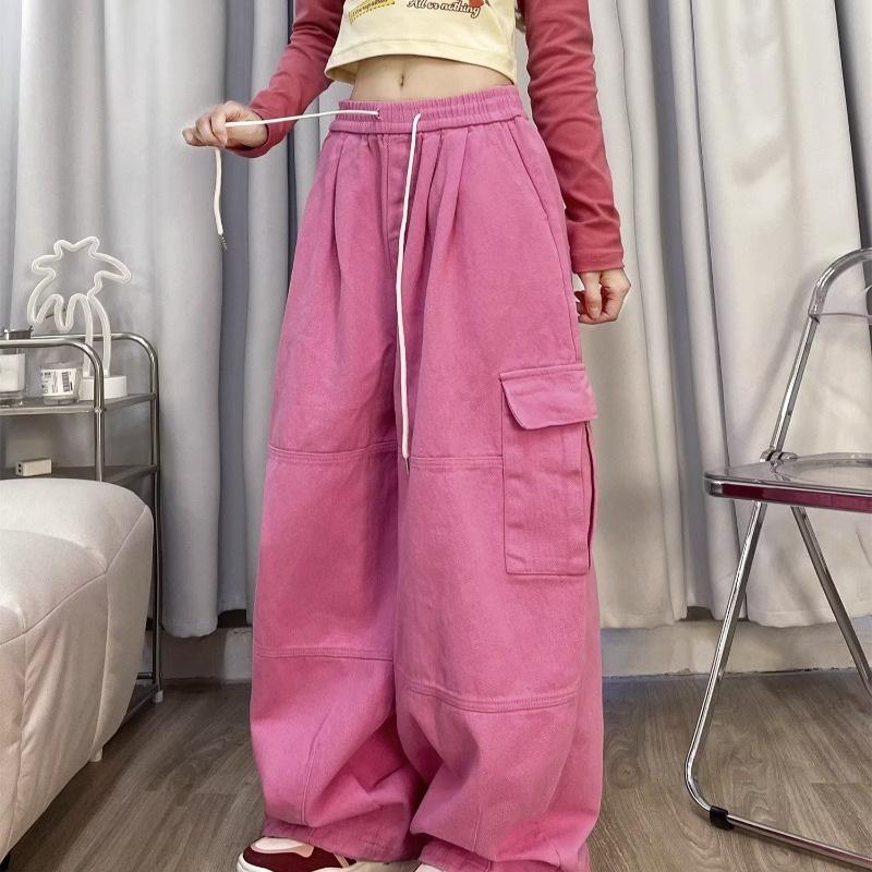 Mode Kordelzug Casual Baggy Cargo Jeans Hosen Frauen Kleidung Gerade Breite Bein Jogginghose Weibliche Hosen M rosa
