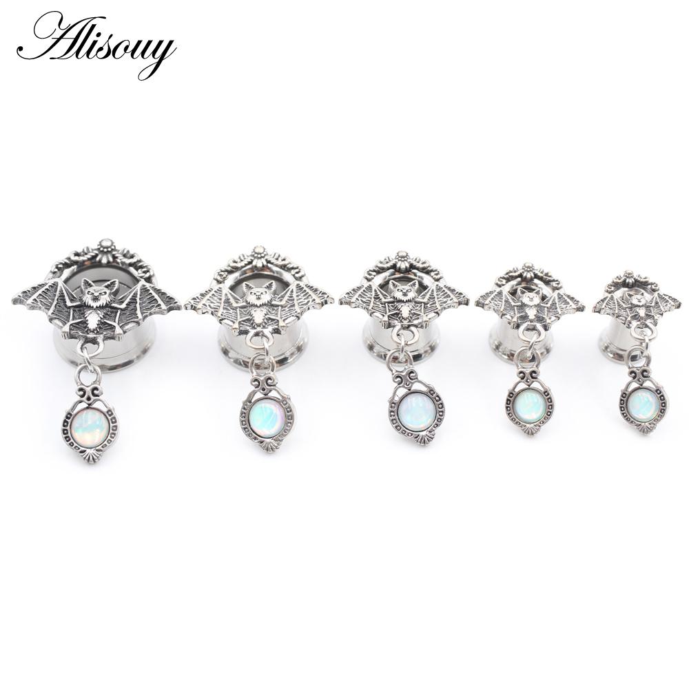 Alisouy 2 Stück Edelstahl Fledermaus rund Opal Anhänger Ohr Tunnel Plugs Expander Keilrahmen Gauge Ohrringe Piercing Körperschmuck 10mm