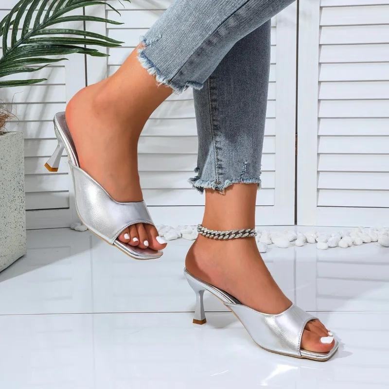 Heißer Verkauf frauen Schuhe Offene spitze frauen Hausschuhe Mode Plus Größe Kleid Hausschuhe Frauen Sommer Bestseller Heels Frauen 42 silber