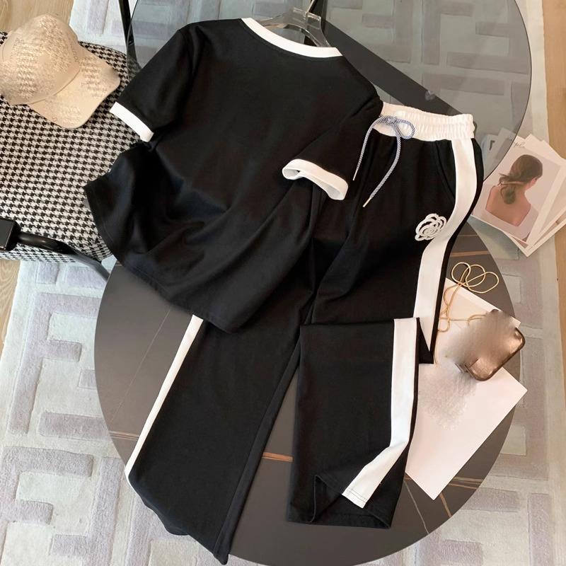 Sommer Damen Sets Rundhals Kurzarm T-Shirt Hosen Frauen Trainingsanzüge Outfits XXXL schwarz