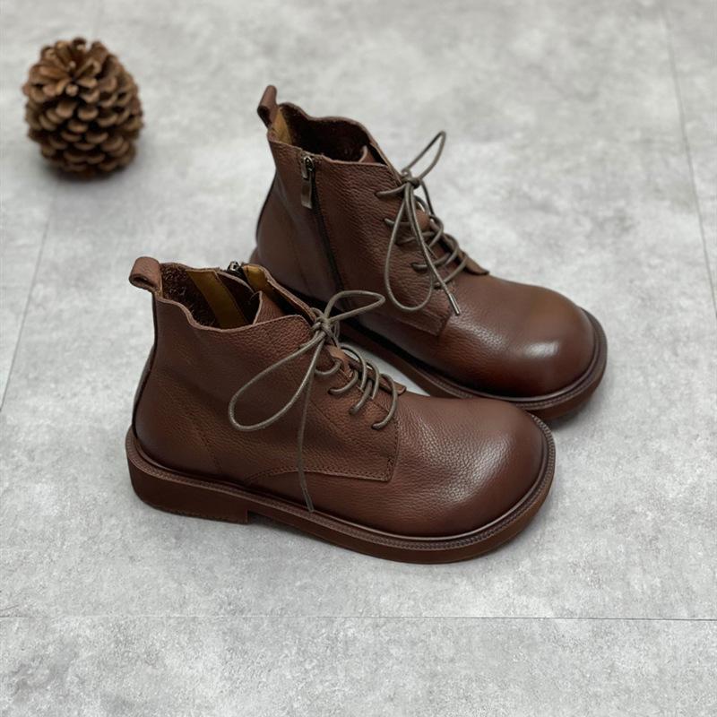 Johnature Echtleder-Winterstiefel für Damen, mit Reißverschluss, runder Spitze, flach, mit handgefertigten Freizeit-Nähstiefeln für Damen 35 kaffeebraun