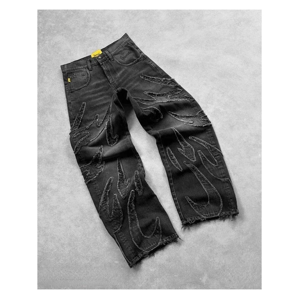 Y2k Hip Hop Baggy Jeans Distressed Retro Schwarze Hose Stickerei Harajuku Gothic Hose mit weitem Bein Streetwear Hose S
