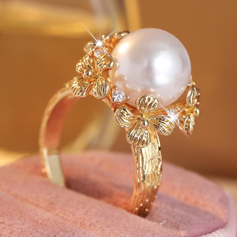 Klassischer Damenring mit eingelegten Imitationsperlen und Zirkonia, Vintage-Goldfarbe, handgeschnitzte Blume, täglicher Schmuck, Party-Schmuck, Jahrestagsgeschenk 9