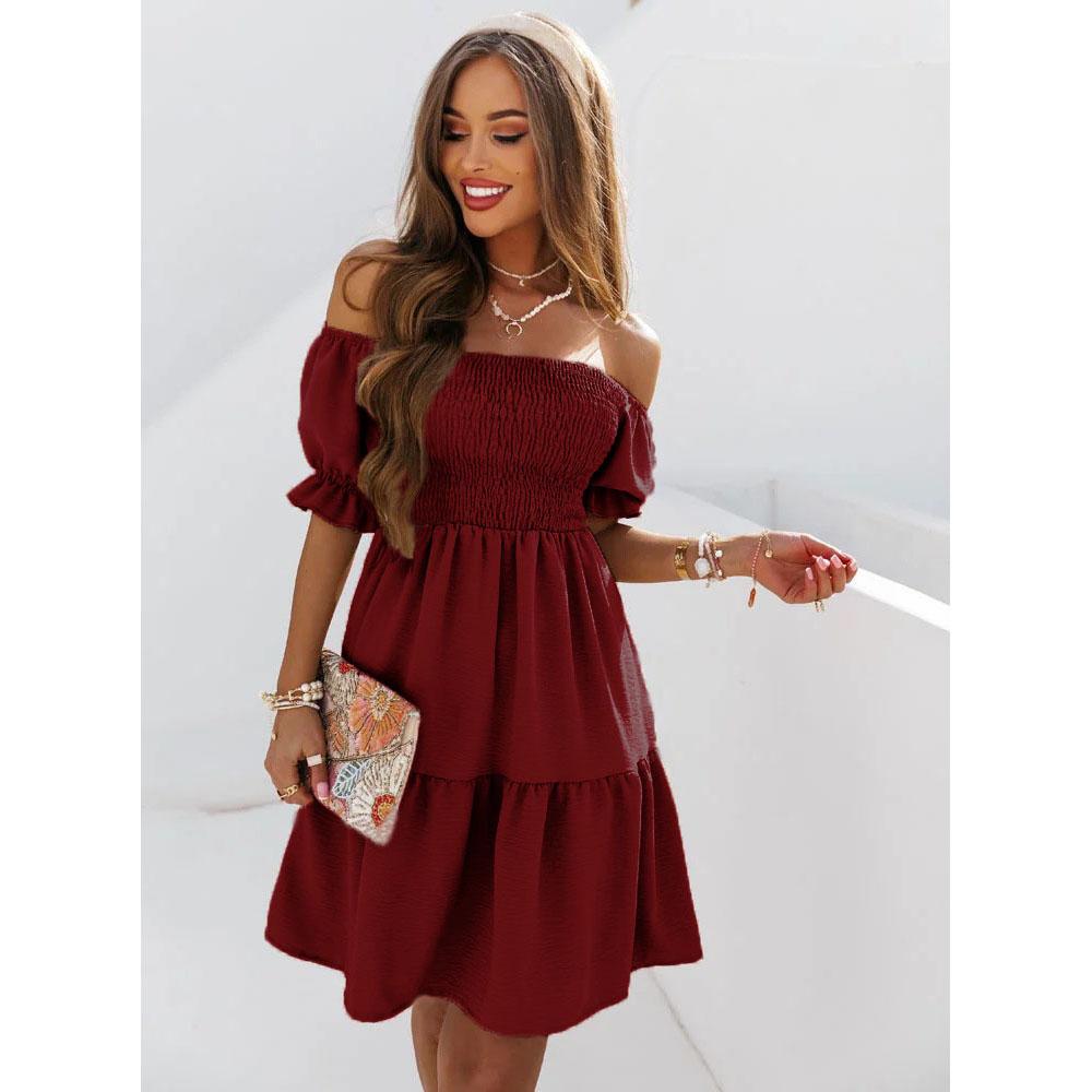Kleider für Frauen Übergröße Sommerkleider für Frauen Midi Schulterfrei Puffärmel Kleid S wein rot