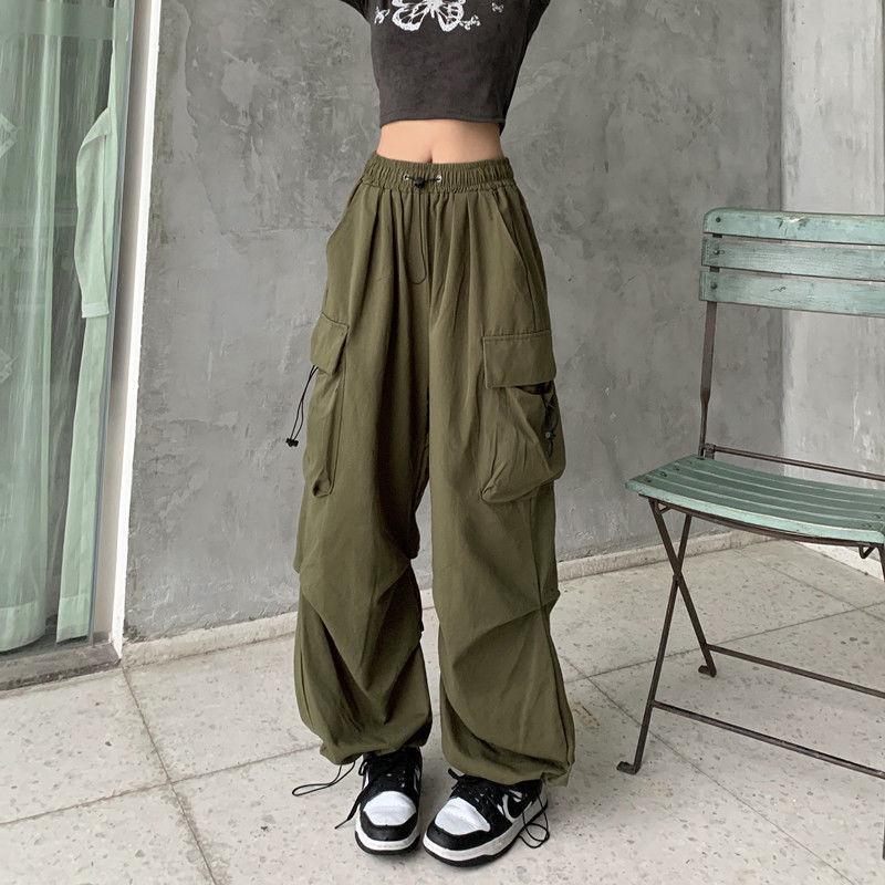 Y2K Frauen Streetwear Cargo Hosen Sommer All-Match Koreanische Harajuku Casual Solide Baggy Gerade Hosen Mode Breite Bein Taschen Joggers hosen XXL armee grüne