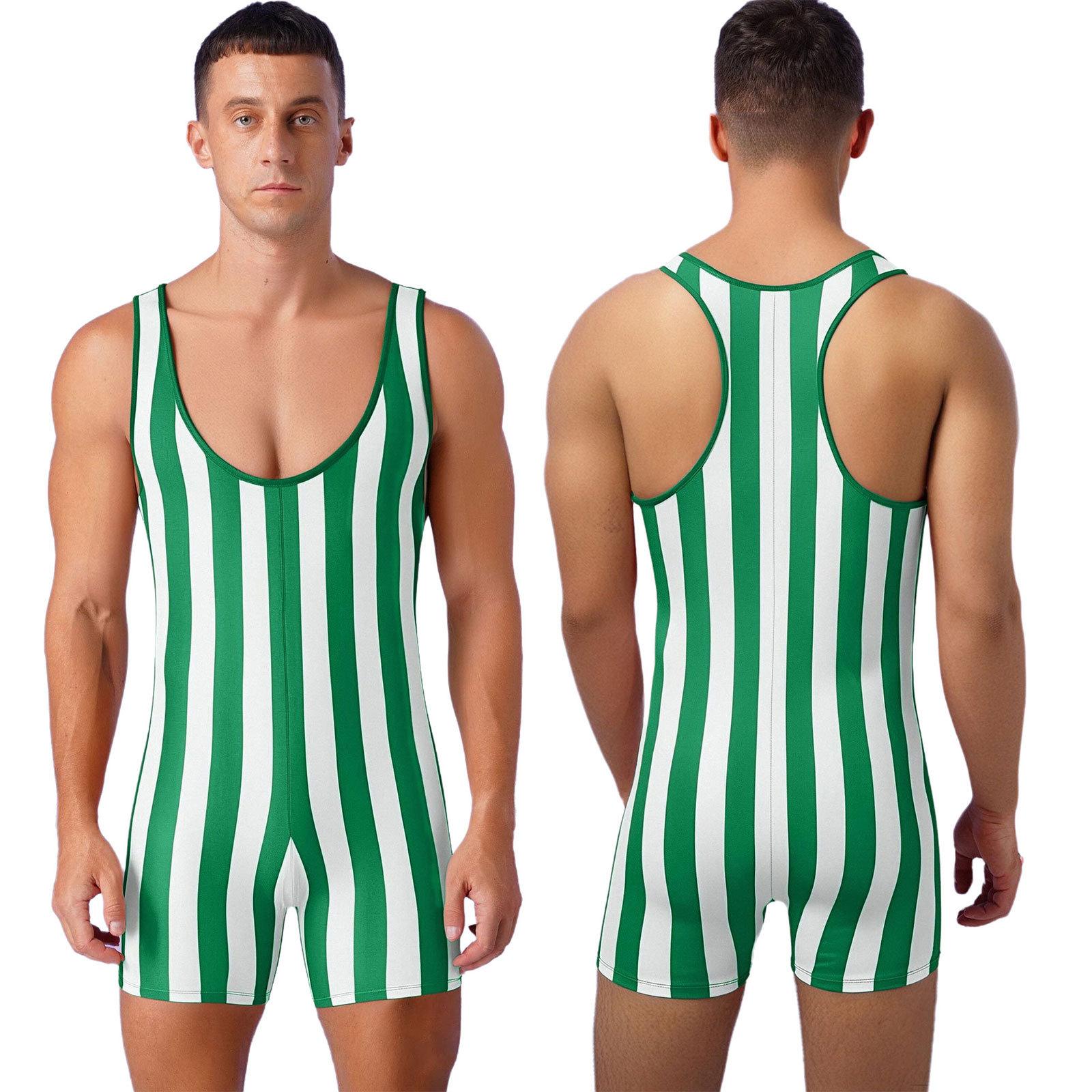 Herren Wassersport Surfen Fitness Kurzgestreifter Jumpsuit Ringer-Singlet Slim Fit Boxershorts Strampler Bodybuilding Formwäsche S grün