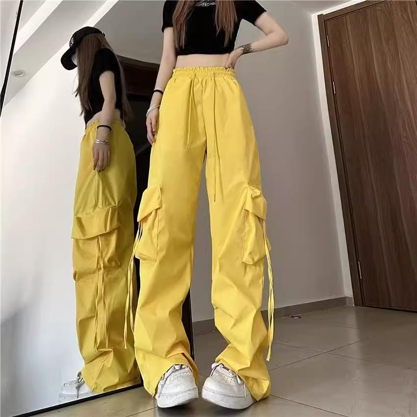 Beige Hip Hop Cargo Hosen Frauen Harajuku Y2K Vintage Baggy Streetwear Oversize Breite Bein Fallschirm Hosen Weibliche Koreanische Mode XXXL gelb