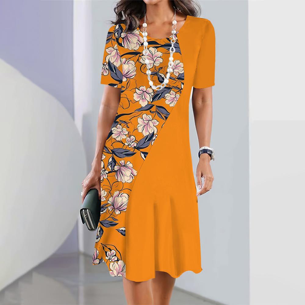 2025 Damenkleider Blumendruck Elegante Midikleider Damen Kurzarmkleid Mode Übergroße Kleidung Sommer 5XL orange