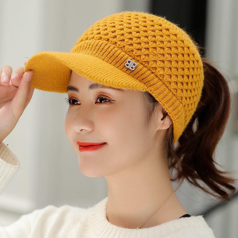 Weibliche Herbst Fleece Hohe Pferdeschwanz Hut Baseball Caps Frauen Winter Dicke Warme Twist Stricken Hüte Visier Gorros Mützen Frauen Hüte gelb