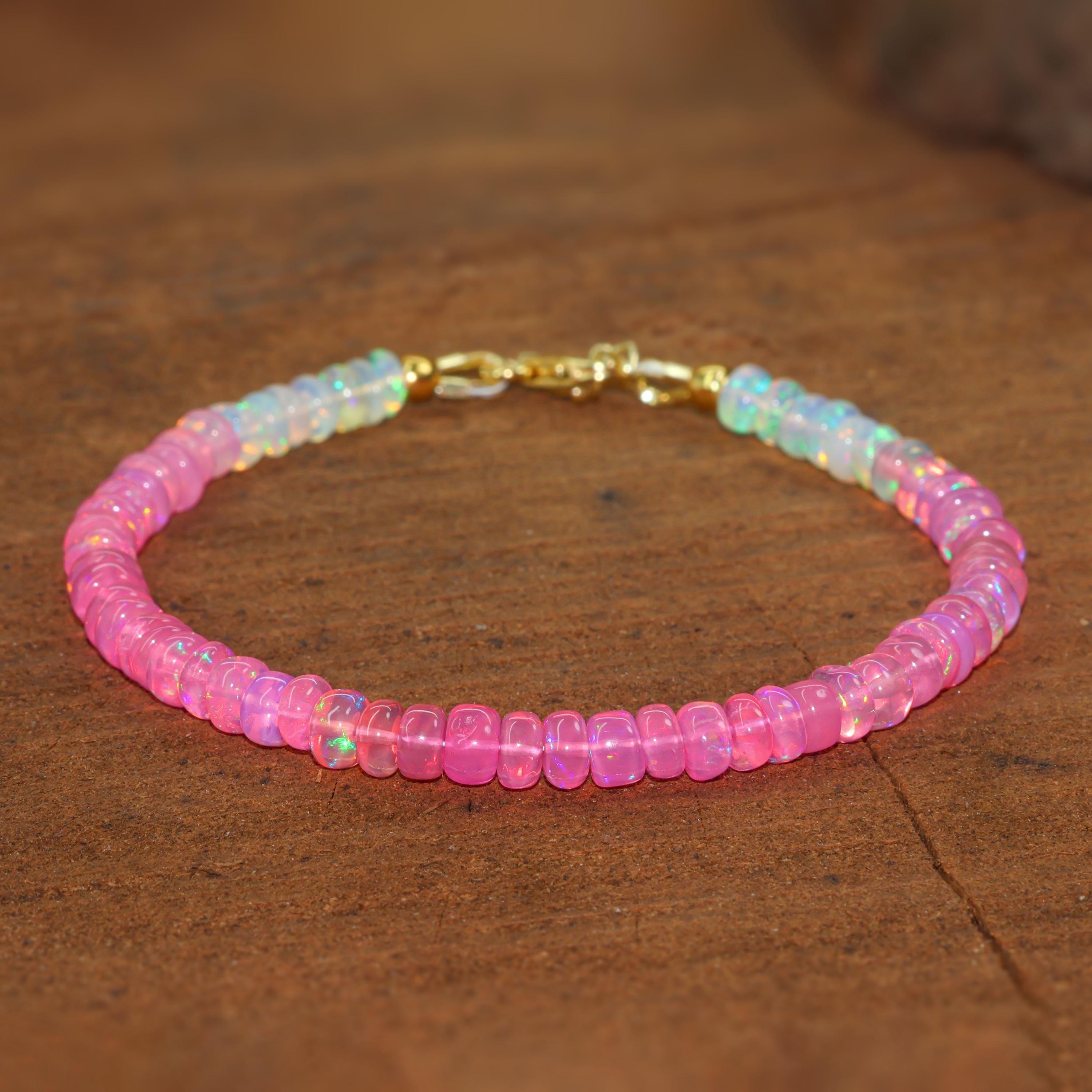 Rosa schattiertes Opalperlen-Armband, Multifire-Opalperlen handgefertigtes Armband, Natürliches Opalperlen-Armband, Opal-Geburtsstein-Schmuck, Geschenk für Sie 7 Inch silber