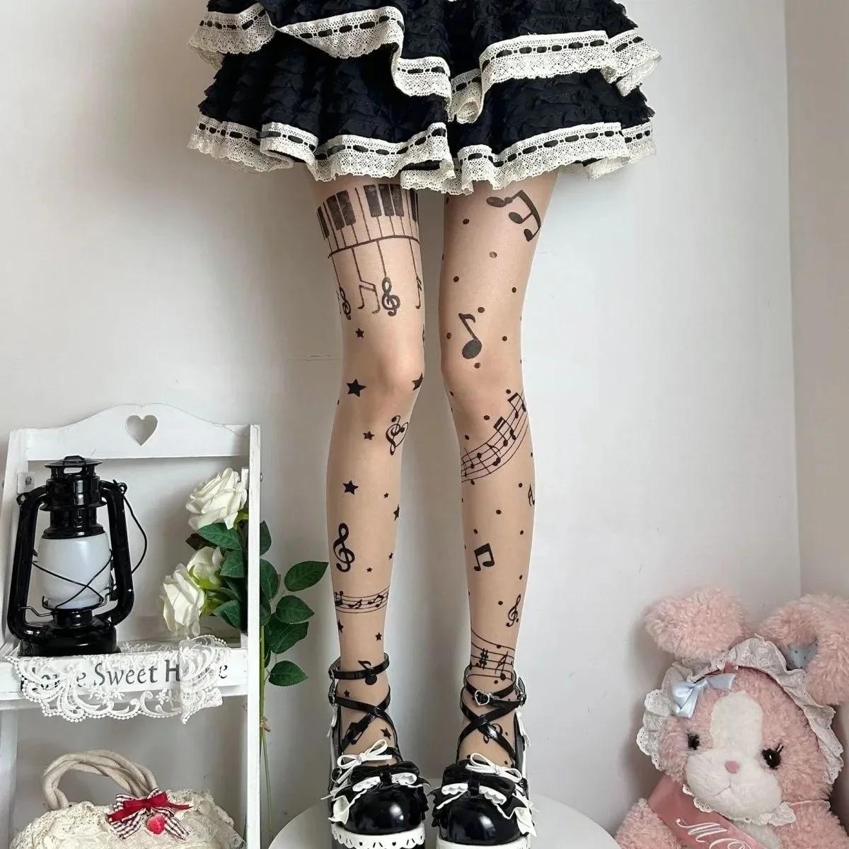Süße Musiknoten Print Hohe Elastizität Strumpfhosen Schwarze Haut Strumpfhosen Halloween Party Musikfestival Verkleidung Lolita Strumpfhosen Strumpfwaren gray