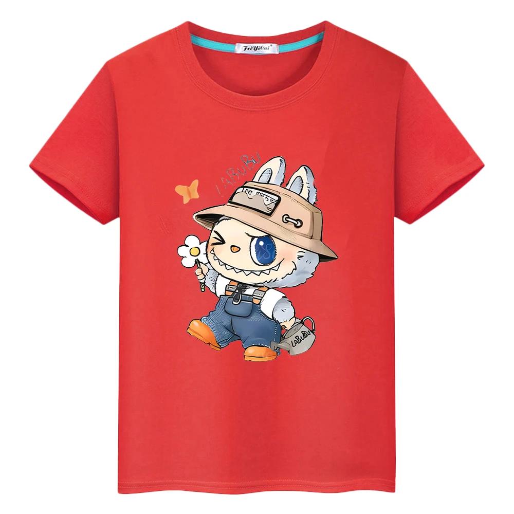 labubu 100% Baumwolle T-Shirt für Kinder Junge 10 Jahre Kleinkind Mädchen Kleidung Kawaii Oberteile Anime Kurz Stolz T-Shirt Y2K Kinderkleidung Mädchen 140 rot
