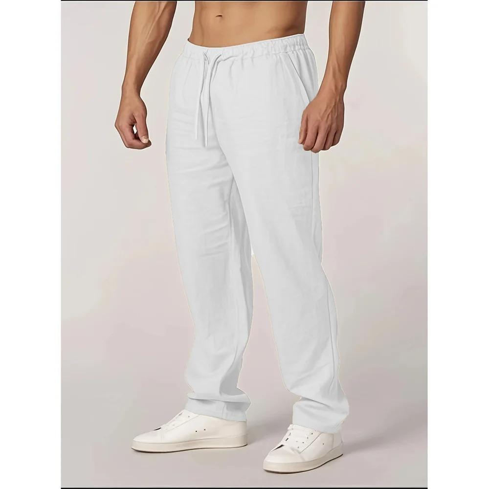 Herbst Neue Herren Baumwolle Leinen Hose Gerades Bein Leicht Atmungsaktiv Lässig Basic Stil Elastischer Bund Lange Hose S weiß