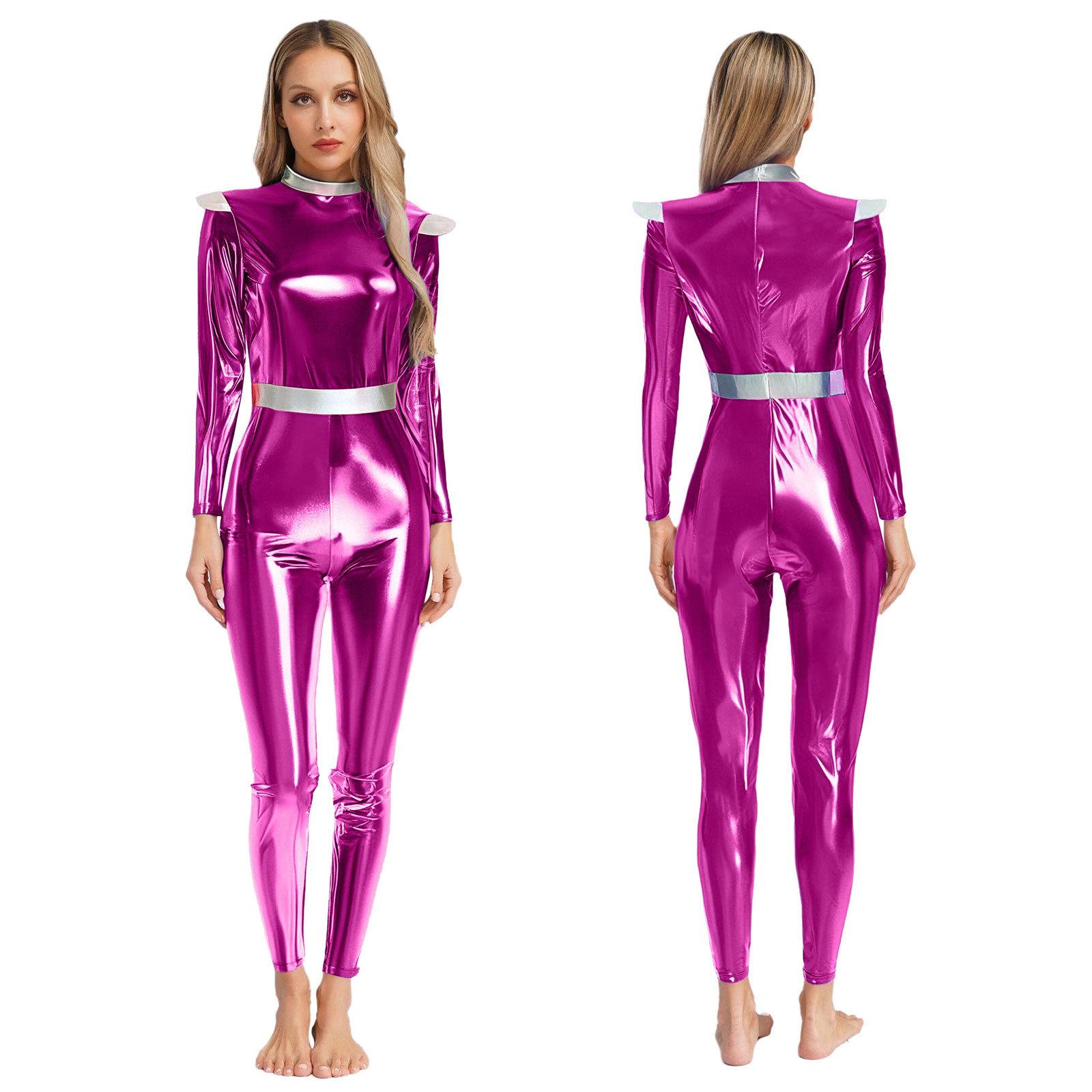 Damen Cosplay Halloween Alien Kostüm Kriegerin Astronautin Outfit Roboter Weltraum Ausgefallenes Verkleiden Jumpsuit Performance Kostüm S heißes rosa