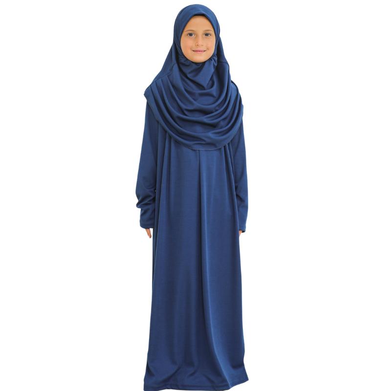 Gebetskleid für Kinder, muslimische Kleidung für Mädchen, langärmelig, Abaya mit Hijab, zweiteiliges Maxi-Islamisches Set, Schal, Kaftan, Jilbab navy blau