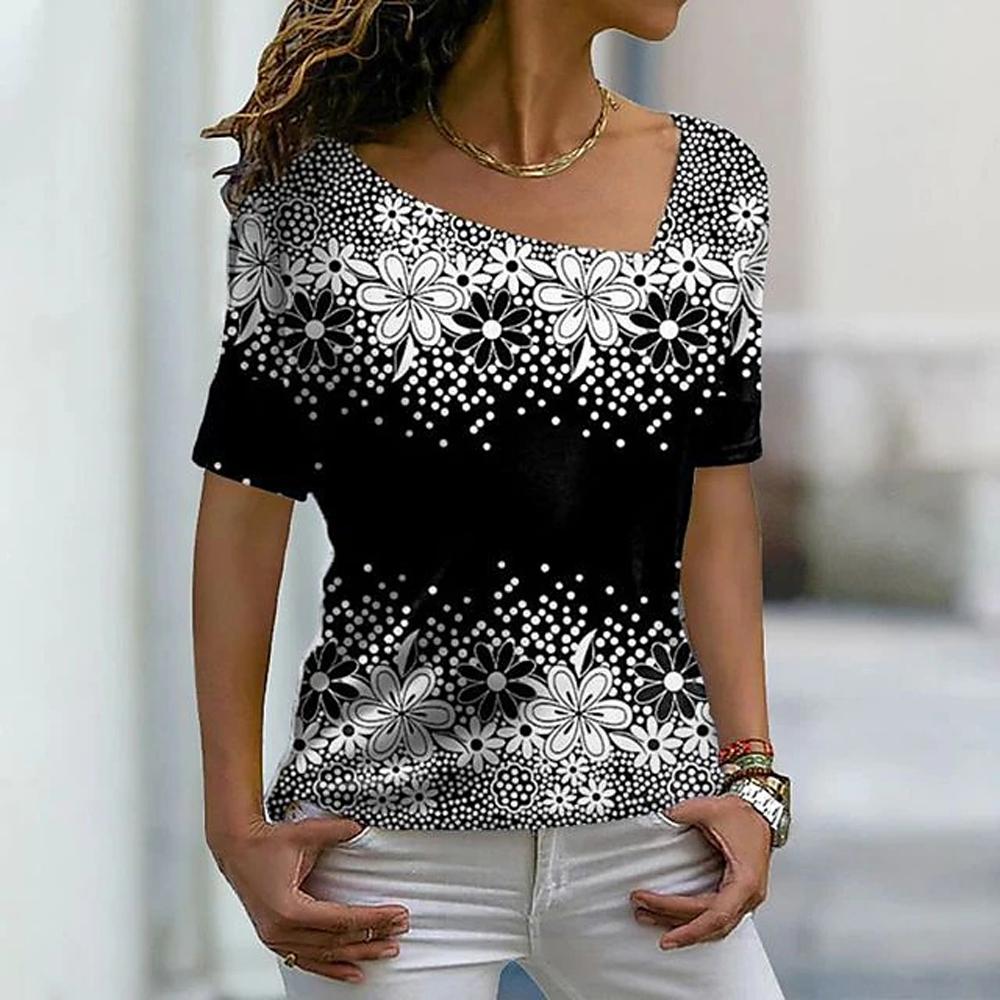 Damen-T-Shirts, Blumendruck, Damenbekleidung, kurzärmelige Oberteile, V-Ausschnitt, Sweatshirts, Streetwear, übergroße T-Shirts, Damen-T-Shirts 7XL black