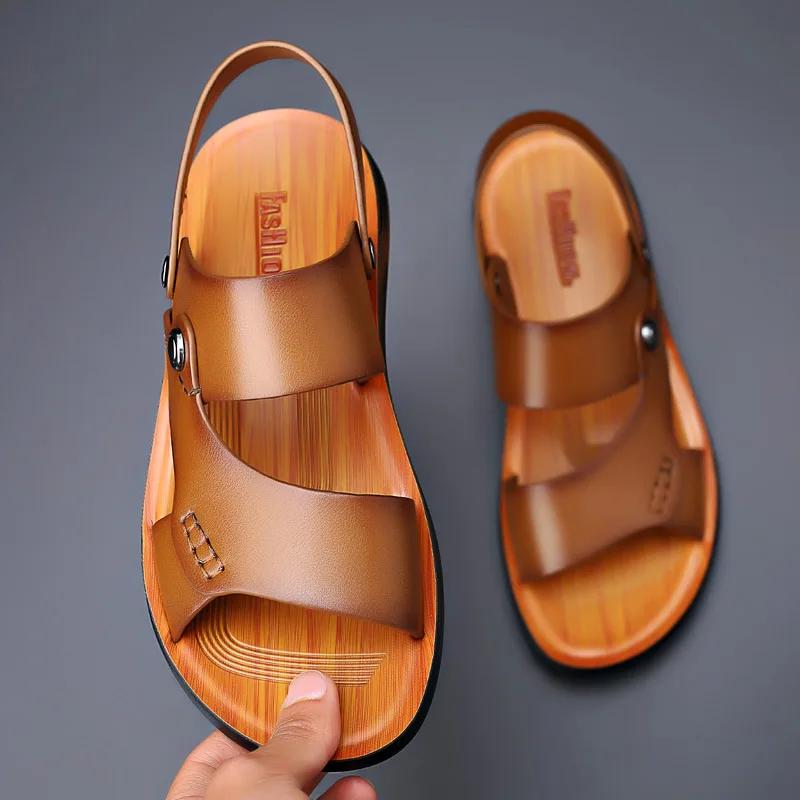 Mode Herren Sandalen Hochwertige Rindsleder Sandalen Mode Outdoor Casual Sport Sandalen für Herren Sommer Zehenfrei Strand Sandalen 42 khaki