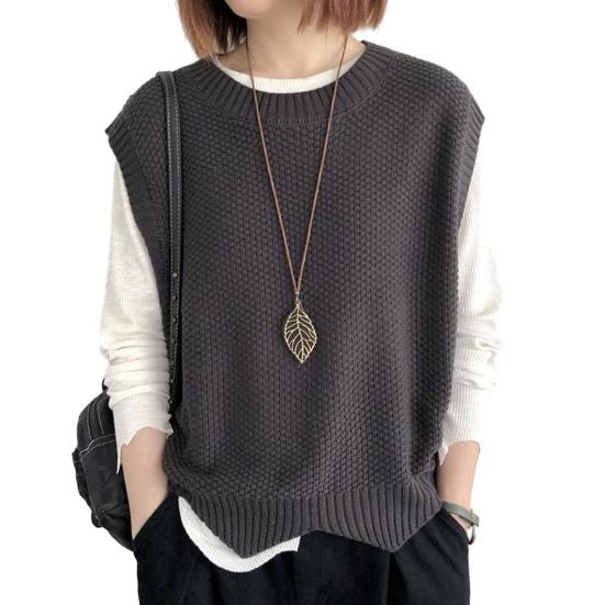 Frauen Gestrickte Weste O Hals Saum Warme Einfarbig Wellenförmige Weiche Lose Beiläufige Damen Weste Ärmelloses Top dunkelgraue