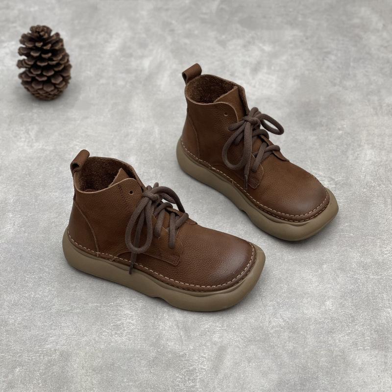 Johnature Retro-Stiefel aus echtem Leder, kurze Stiefel, breite Zehenpartie, Schnürstiefel aus Rindsleder, weiche Sohle 35 kaffeebraun