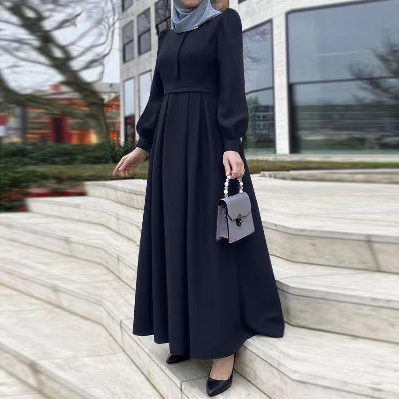 Frauen Vintage Dubai Abaya Türkei Sommerkleid Solide Muslimische Islamische Kleidung Langarm Maxi Langes Kleid XXXXXL schwarz