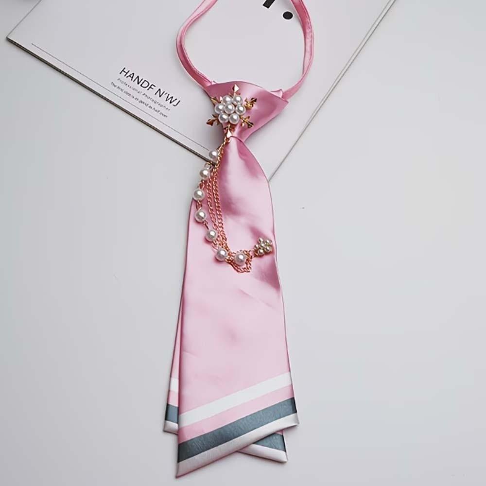 Kein Nähen Design Perlen-Blumen-Krawatte Perlenketten-Verzierung Satinstoff JK-Uniform-Krawatte Doppellagiges Satin-Halsaccessoire rosa