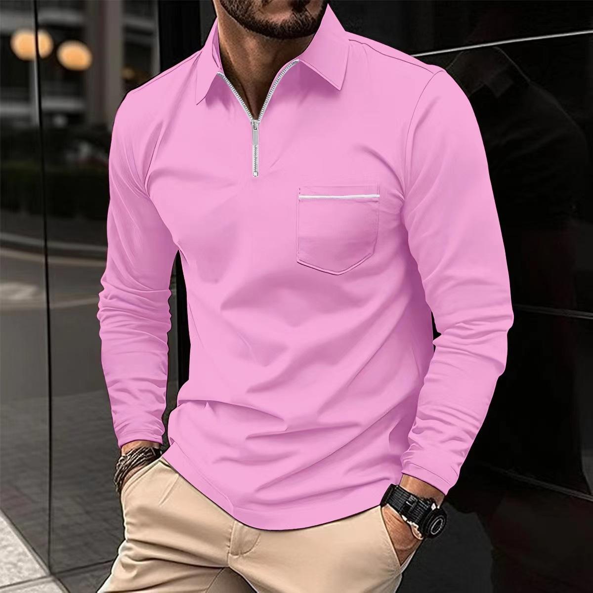 Modisches Poloshirt mit Reißverschlusstasche, langärmelig, sportliches Poloshirt für Herren, einfarbig S rosa
