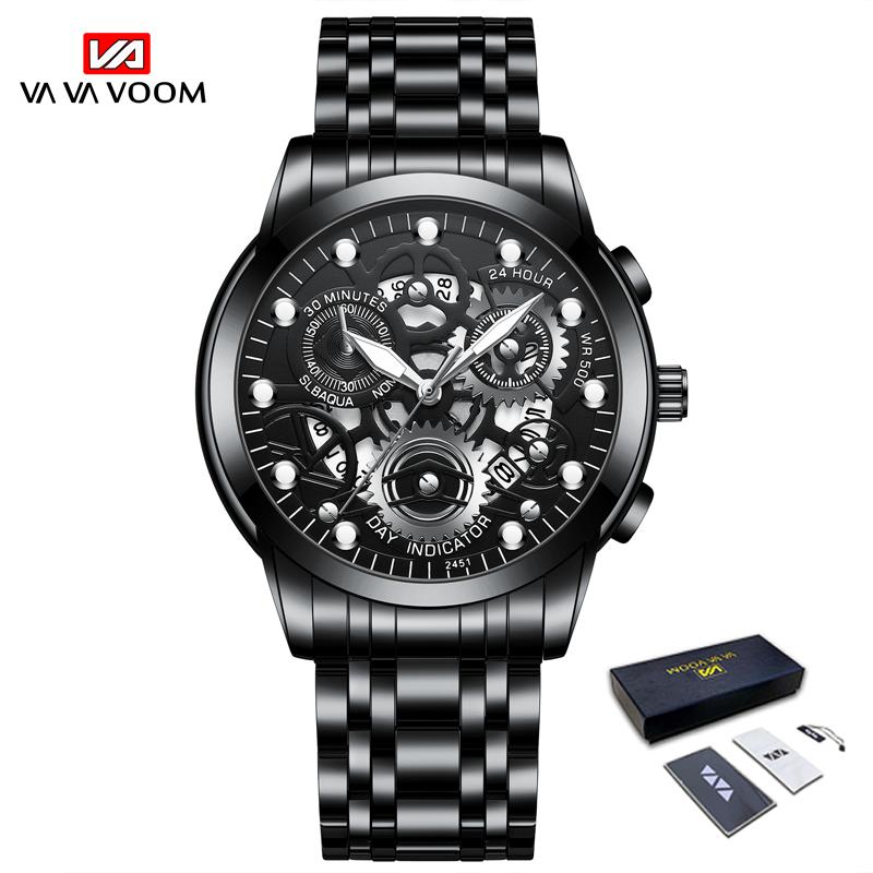 VA VA VOOM Gold hohle leuchtende Quarzuhren Skelettuhr Herrenuhren importiertes Uhrwerk Business Sport für Ehemann Geschenk Edelstahl Herrenuhr With Packaging