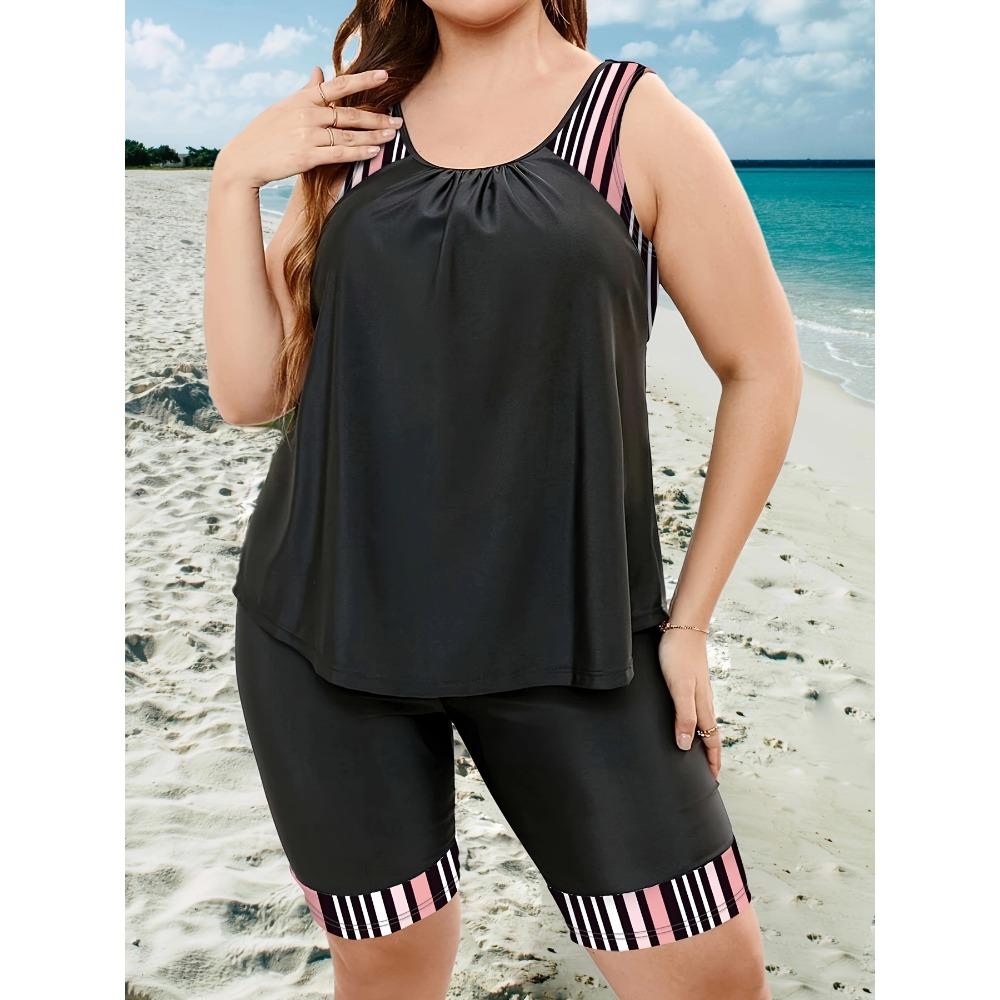 Tankini-Set in Übergröße, schlichtes Tankini-Set für Damen in Übergröße, Rundhalsausschnitt, Tanktop und Shorts mit Grafikdruck, 2-teiliges Set 4XL(20) bunt