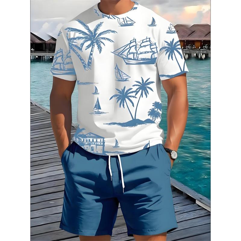 2-teiliges Sommer-Set für Herren, lässig, für jeden Tag, kurzärmelige Shorts, Hawaii-Print, Herren-T-Shirt, Outdoor-Sport, Strandshorts für Herren 2XL blau