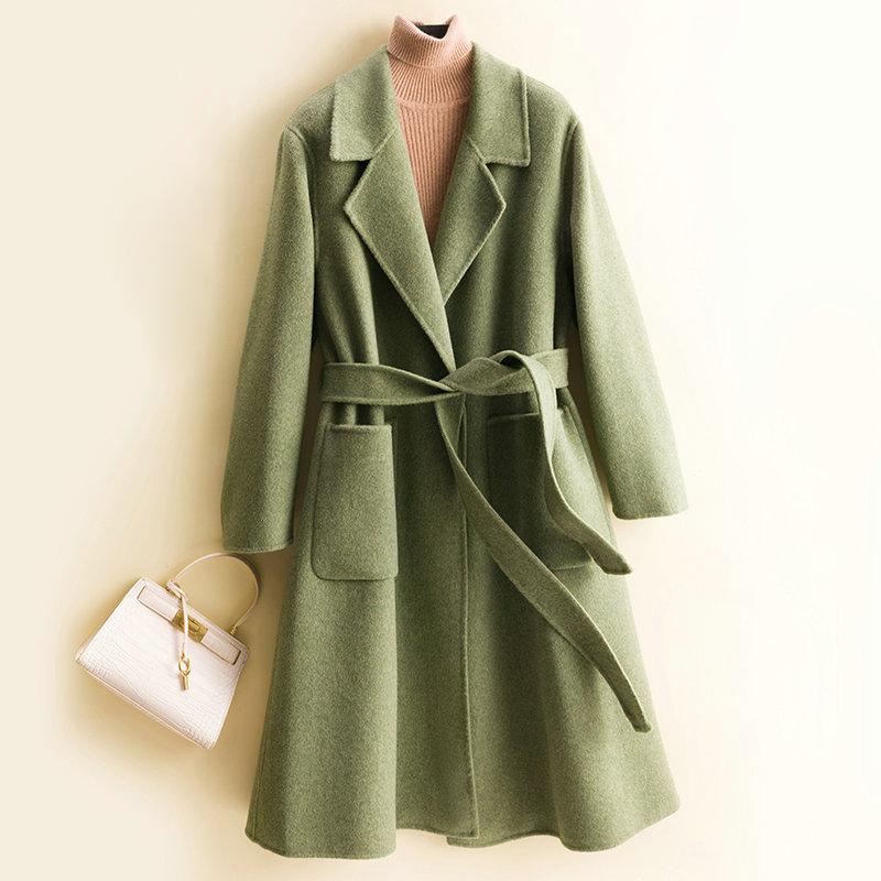 100 % Wolle Damen Mantel Herbst Wollmantel Winter Wolle Lange Mäntel Kaschmir Mantel Gürtel Übergroß L grün