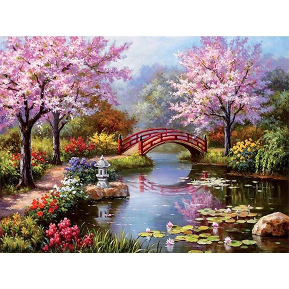 Vollquadrat Diamant Malerei Garten Kreuzstich Diamant Stickerei Landschaft Kirschblüten Mosaik Haus Dekor für Zuhause Full Square 50X70CM dunkelrote